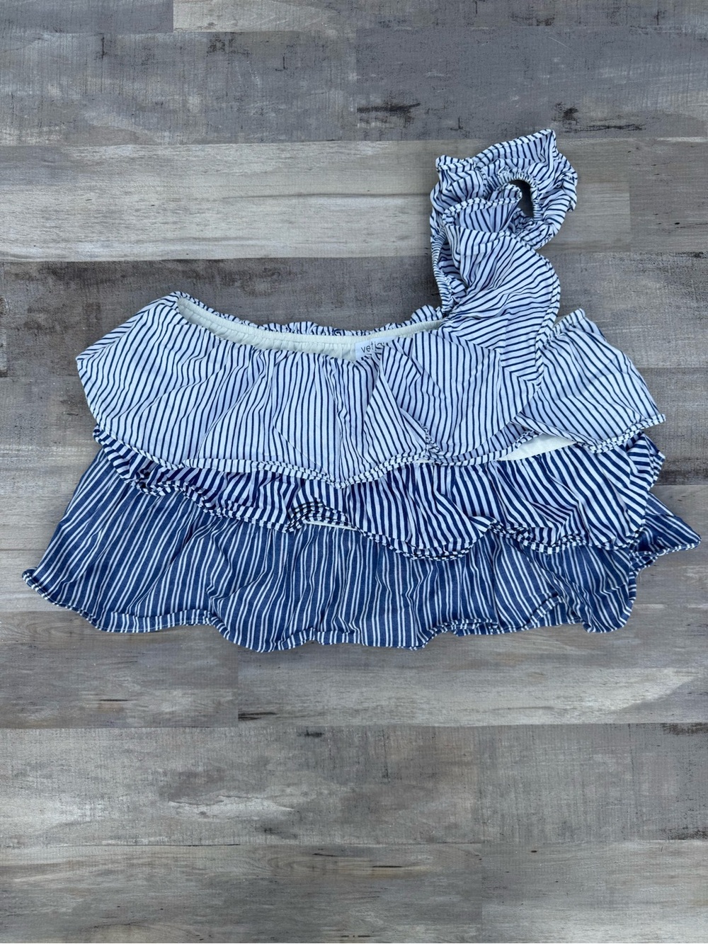 vestique Blue and White Striped One-Shoulder Ruffle Crop Top